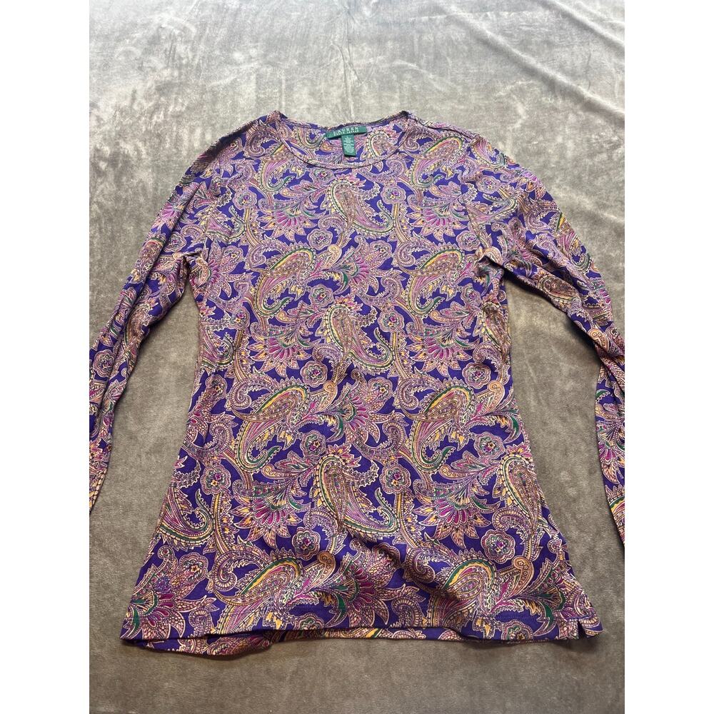 Ralph Lauren Womens Paisley Long Sleeve Knit Pullover Shirt Size L Scoop Neck‎